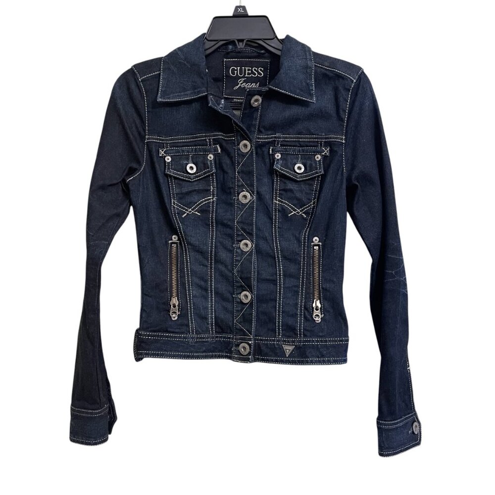 Guess Jean Jacket Womens Size S/P Dark Denim Zip Pockets Button Down